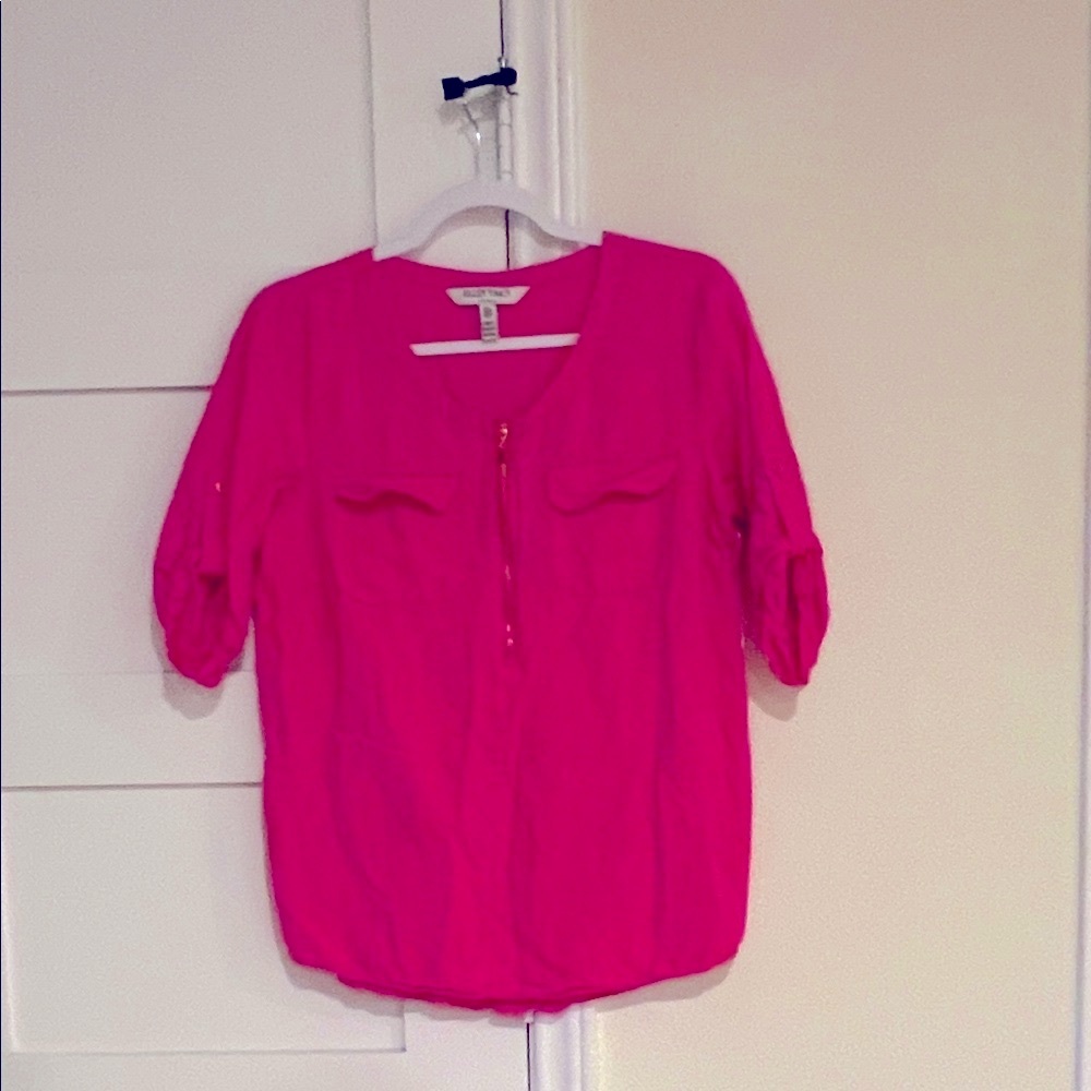 Ellen Tracy Linen Hot Pink Short Sleeve Gold Zipper Detail Size Medium EUC